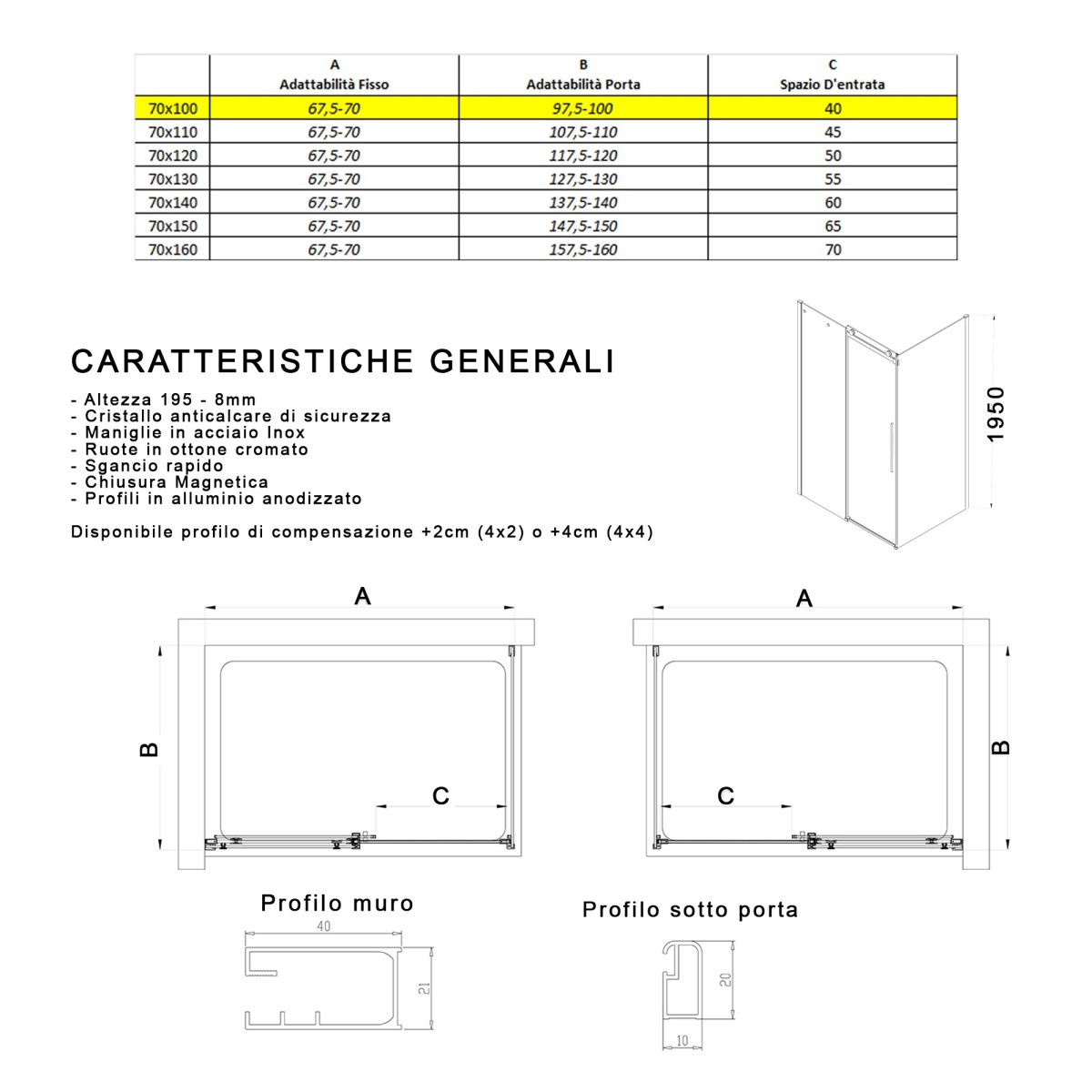 Cabine de douche 2 côtés porte coulissante H195 anti-calcaire EUCLIDE