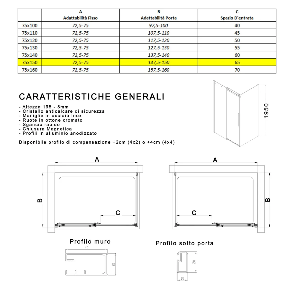 Box doccia 2 lati anta scorrevole H195 anticalcare EUCLIDE
