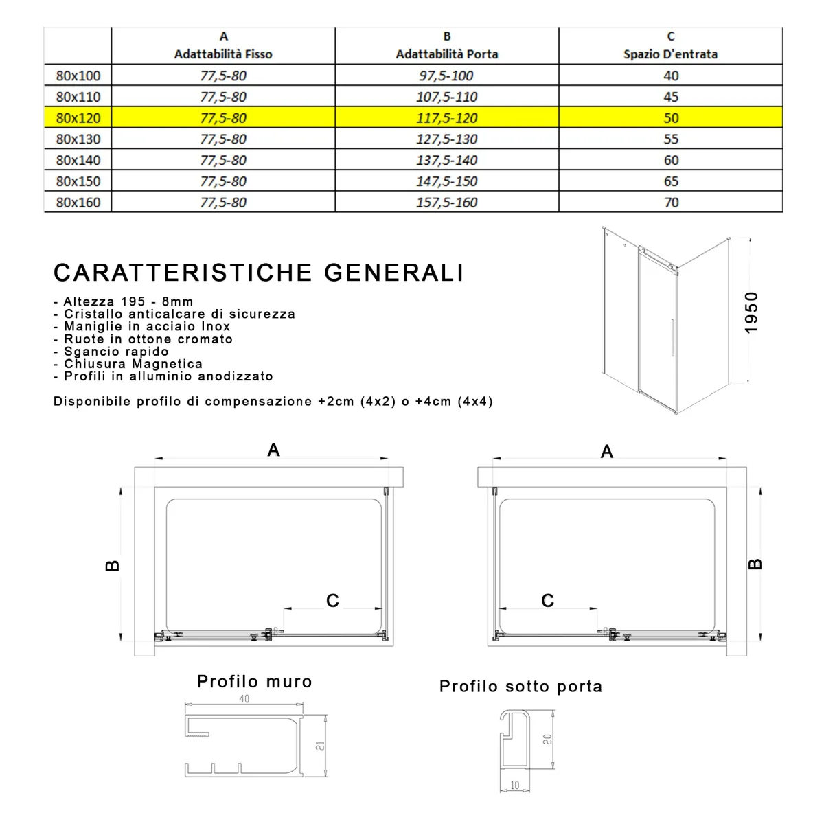 Box doccia 2 lati anta scorrevole H195 anticalcare EUCLIDE