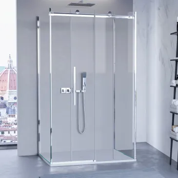 Vetro 8mm con trattamento Easy-Clean anticalcare su box doccia Euclide, massima trasparenza e facilità di pulizia.