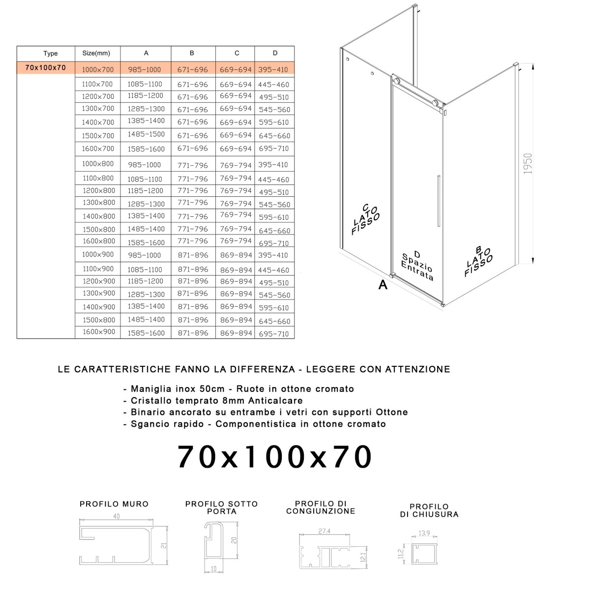 Box douche 3 côtés porte coulissante transparente H195 anticalcaire EUCLIDE.