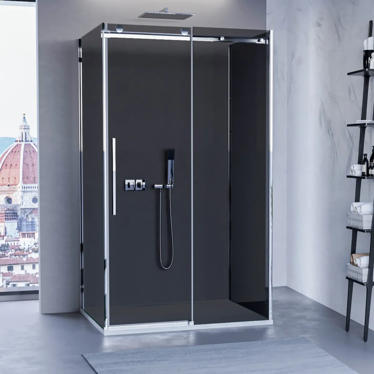 Cabine de douche porte coulissante 3 côtés en cristal fumé H195 Euclide