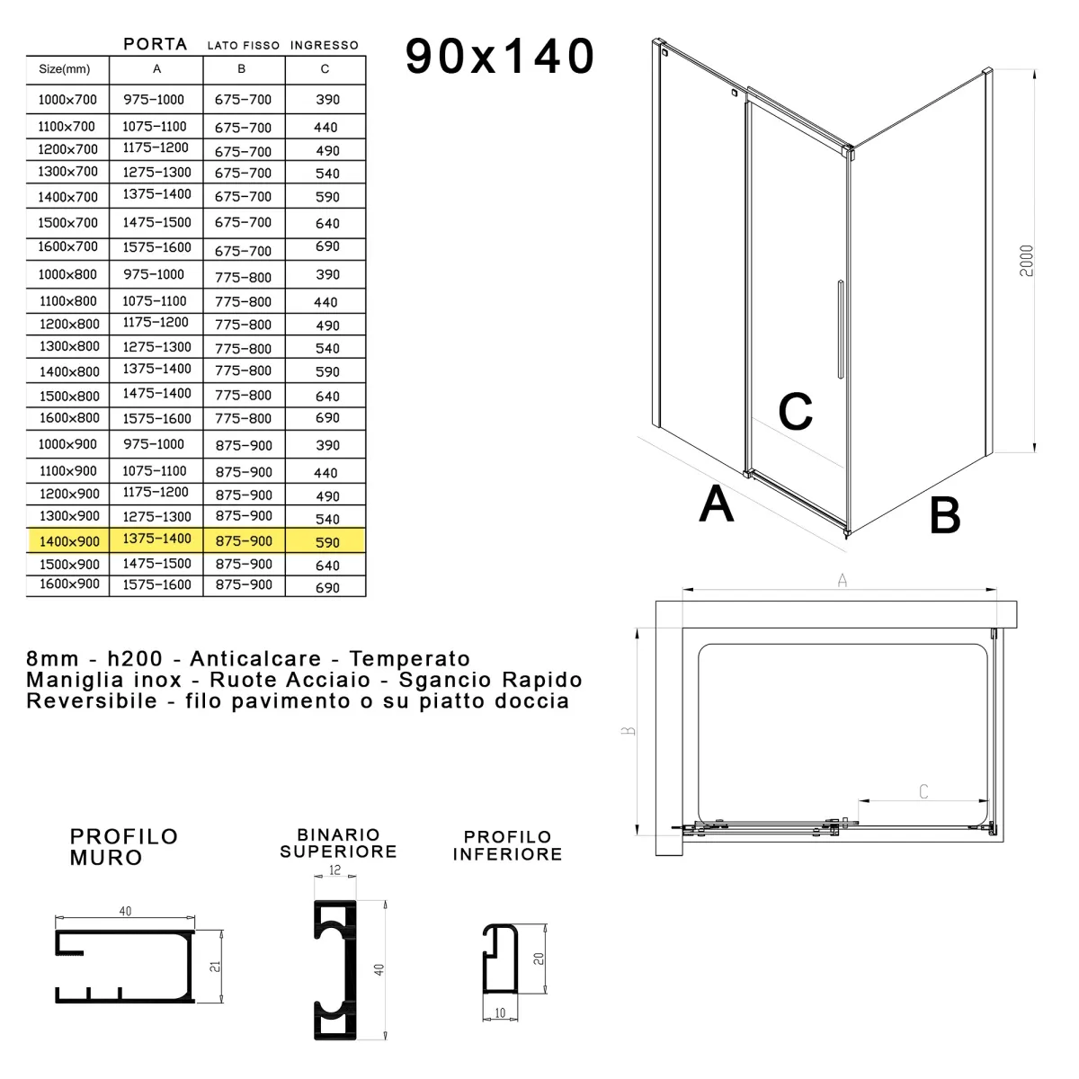 Box doccia due lati 90x140 scorrevole