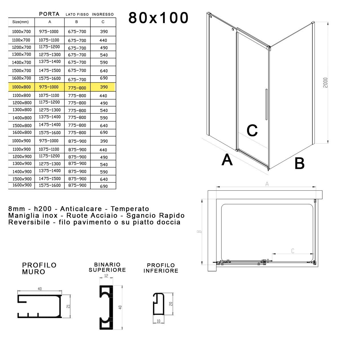 Cabine de douche à double porte coulissante, 200 cm de...