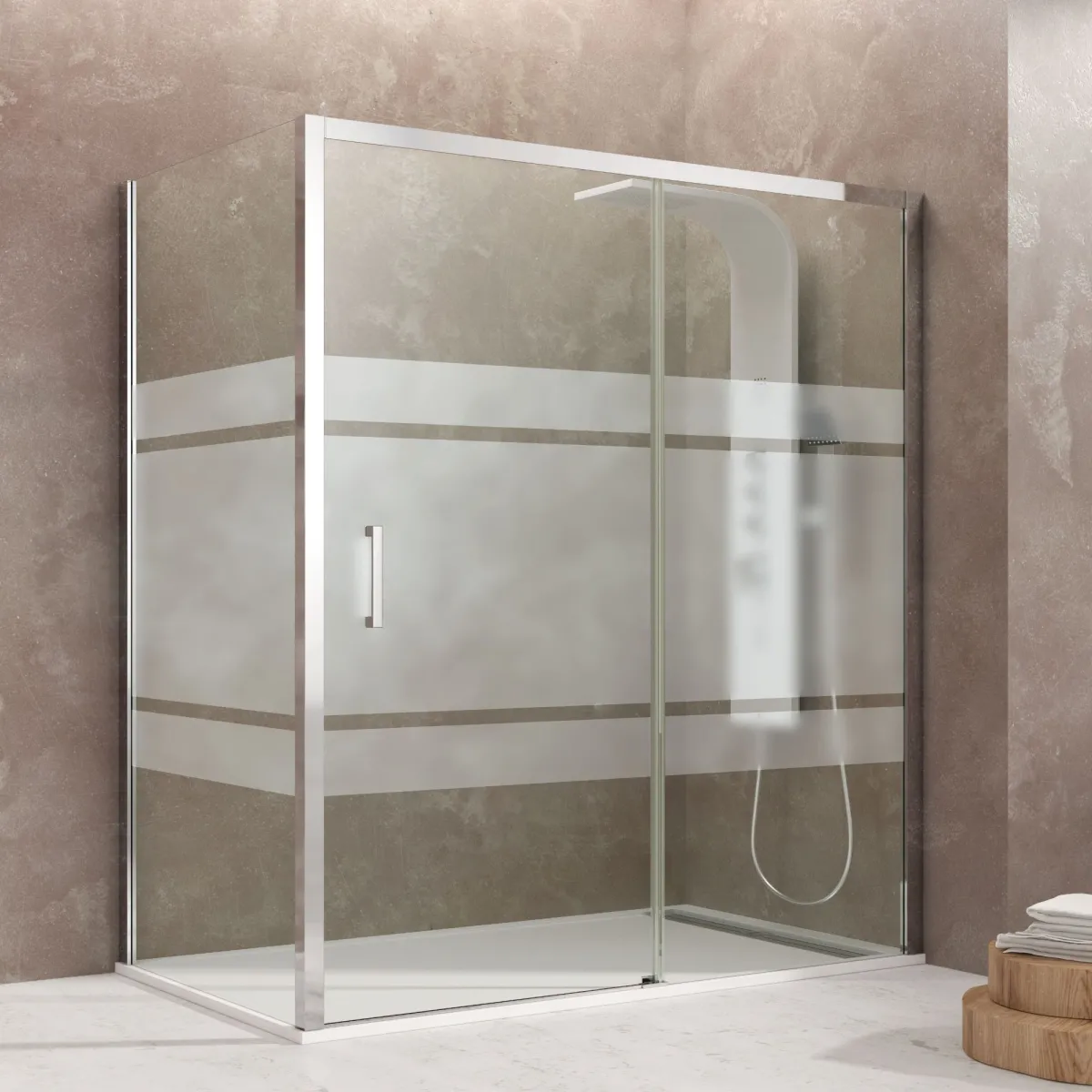 Cabine de douche d'angle sérigraphiée avec porte Aktual Frost et côté fixe