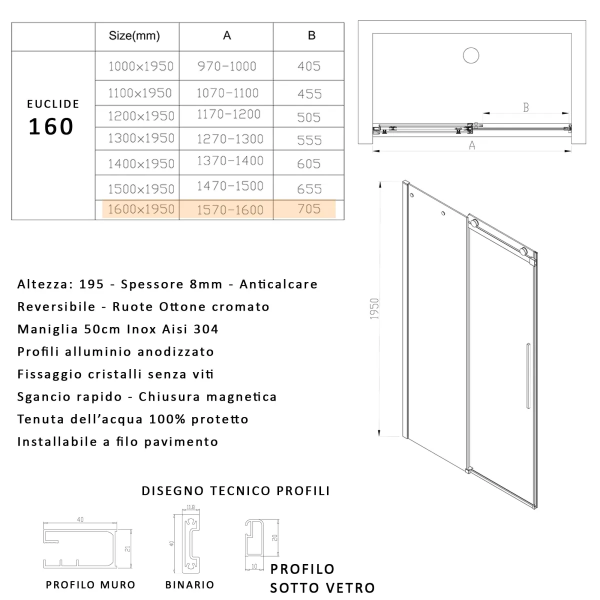 Porta doccia 160 scorrevole trasparente