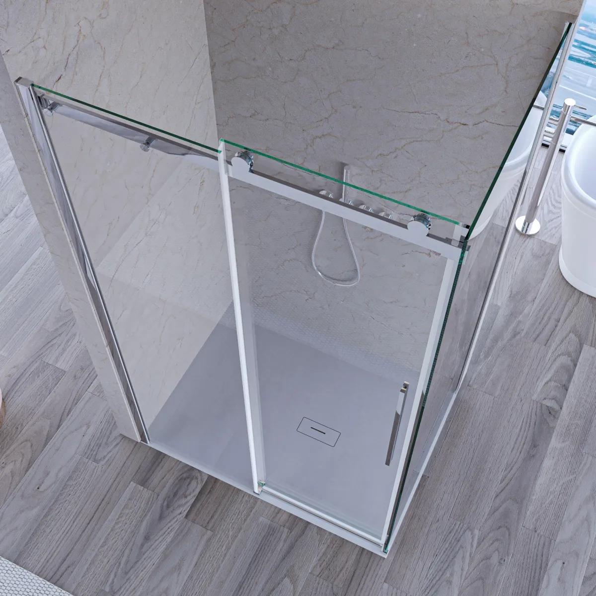 2-seitige Duschabtrennung mit H195 Antikalk-Schiebetür EUCLIDE