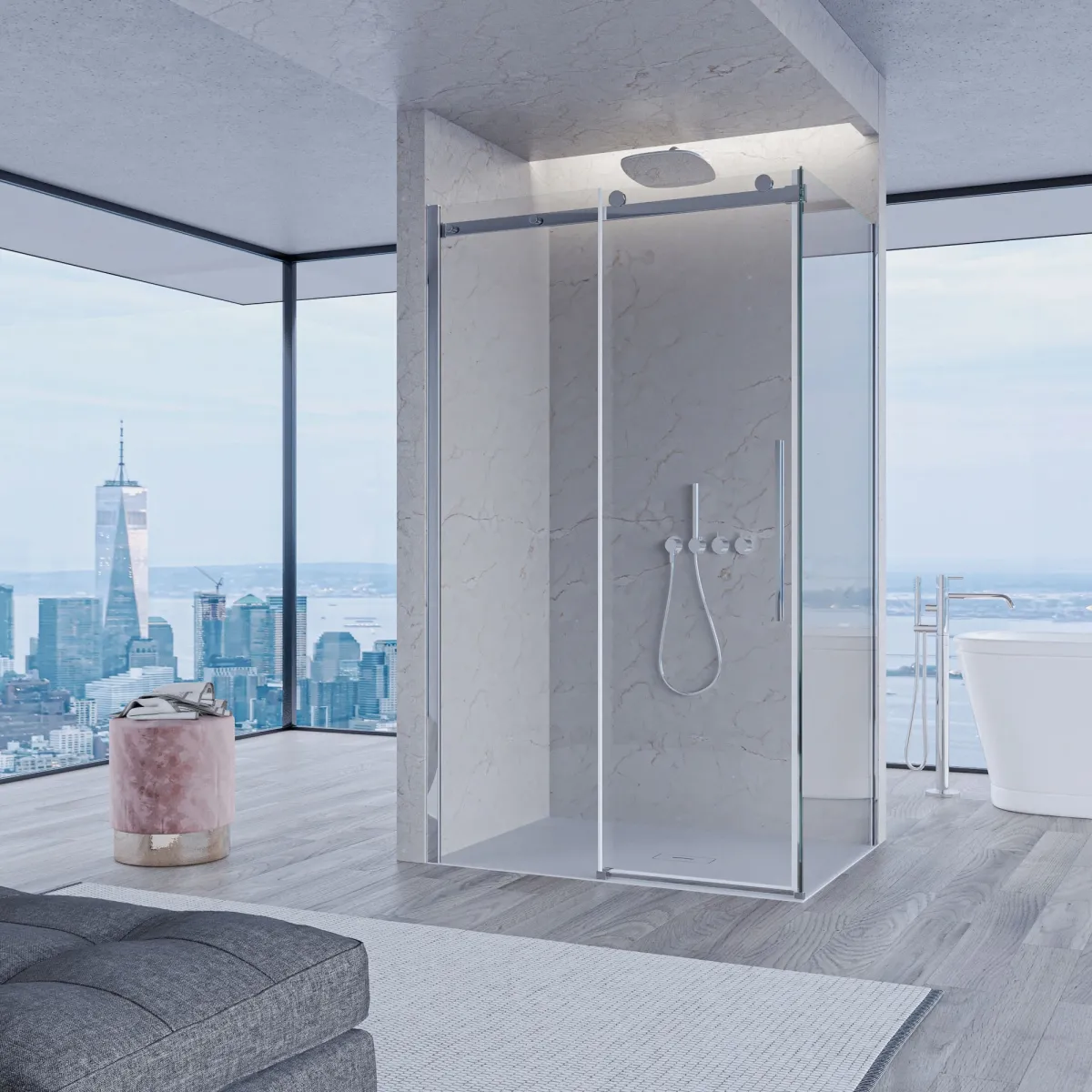 Cabine de douche 2 côtés porte coulissante H195 anti-calcaire EUCLIDE