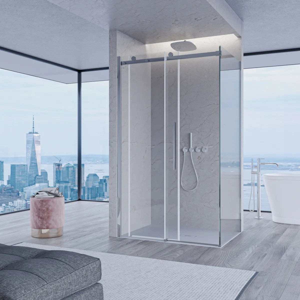 2-seitige Duschabtrennung mit H195 Antikalk-Schiebetür EUCLIDE