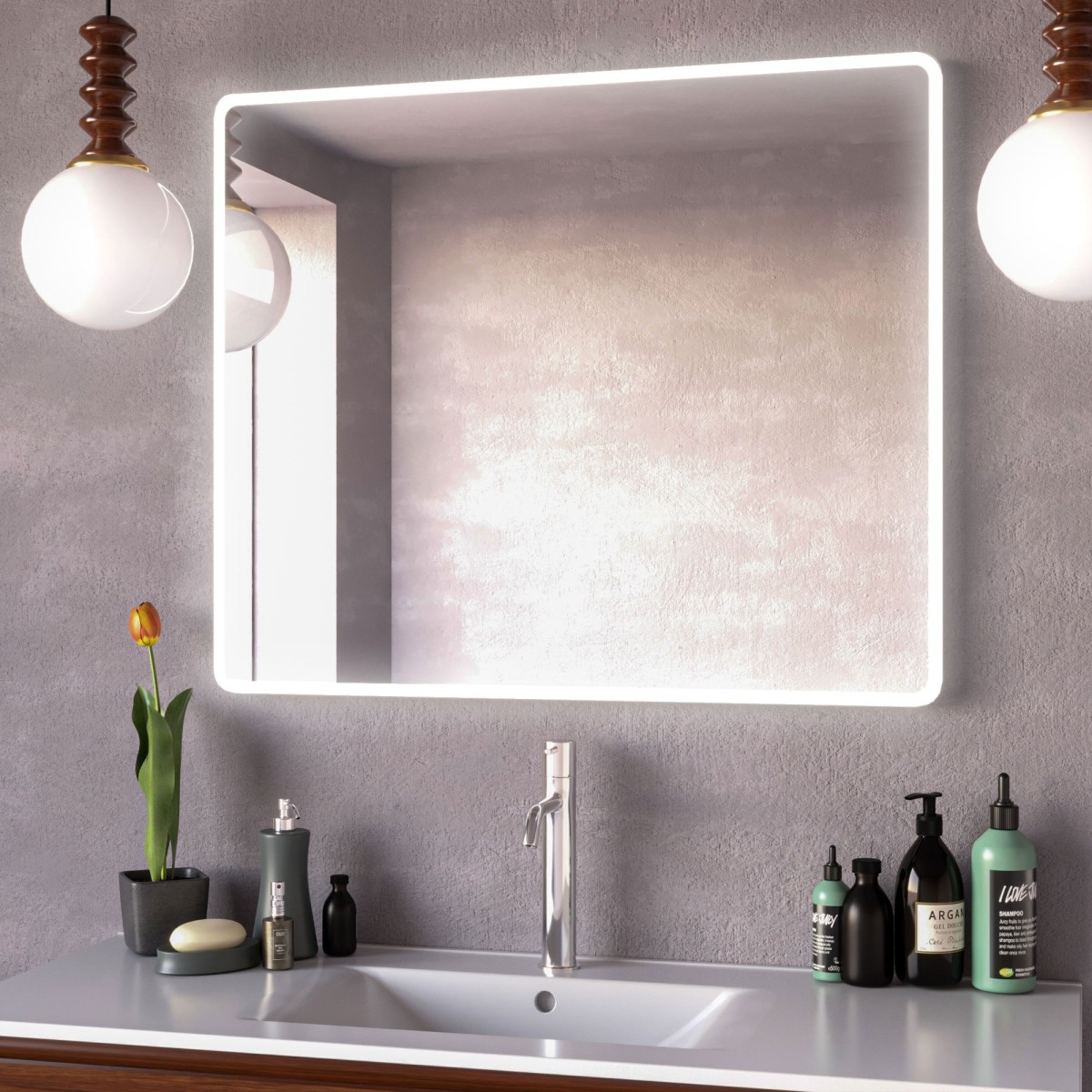 Miroir de salle de bain rétroéclairé par LED avec coins...