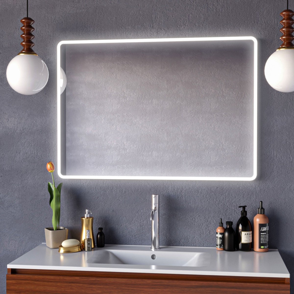 Miroir de salle de bain rétroéclairé par LED avec coins...
