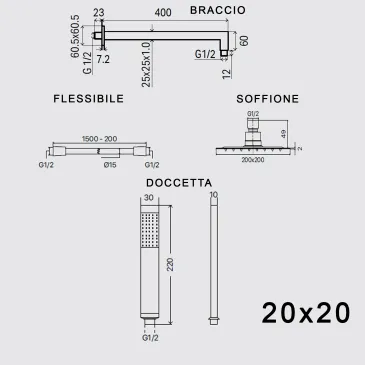 Set doccia braccio soffione e doccetta in ottone cromato