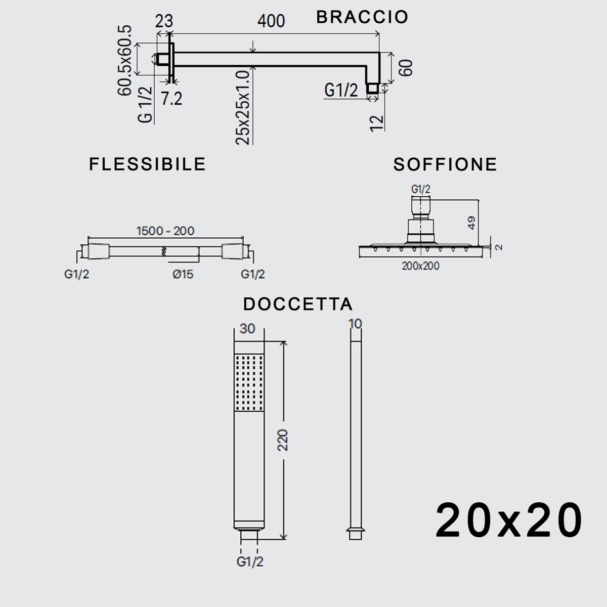 Set doccia braccio soffione e doccetta in ottone cromato