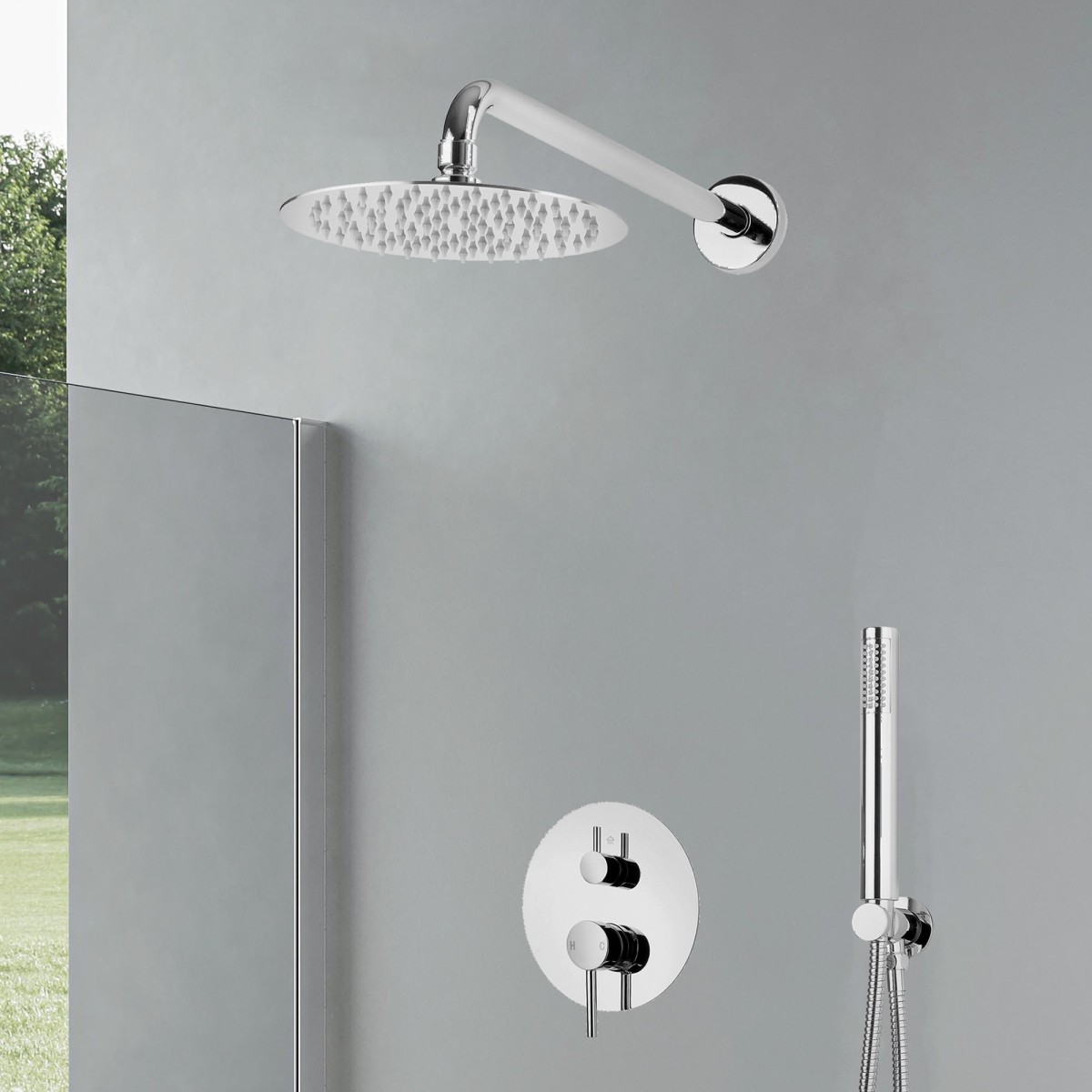 Ensemble de douche avec pomme de douche fine en acier et douchette à main BOLD-R en laiton