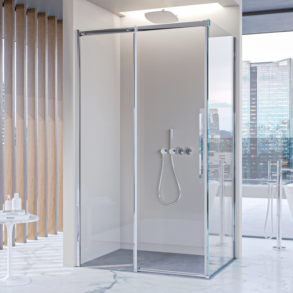 Cabine de douche avec porte coulissante sur deux côtés, hauteur 200 cm