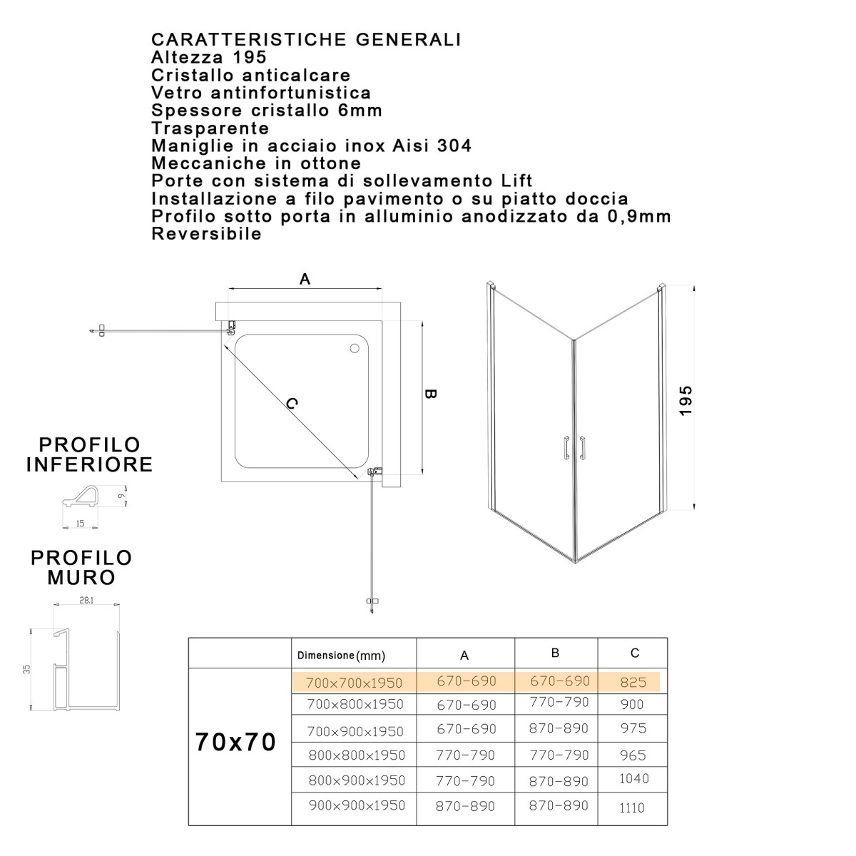 Box doccia 2 lati anta battente H195cm anticalcare SALEMA