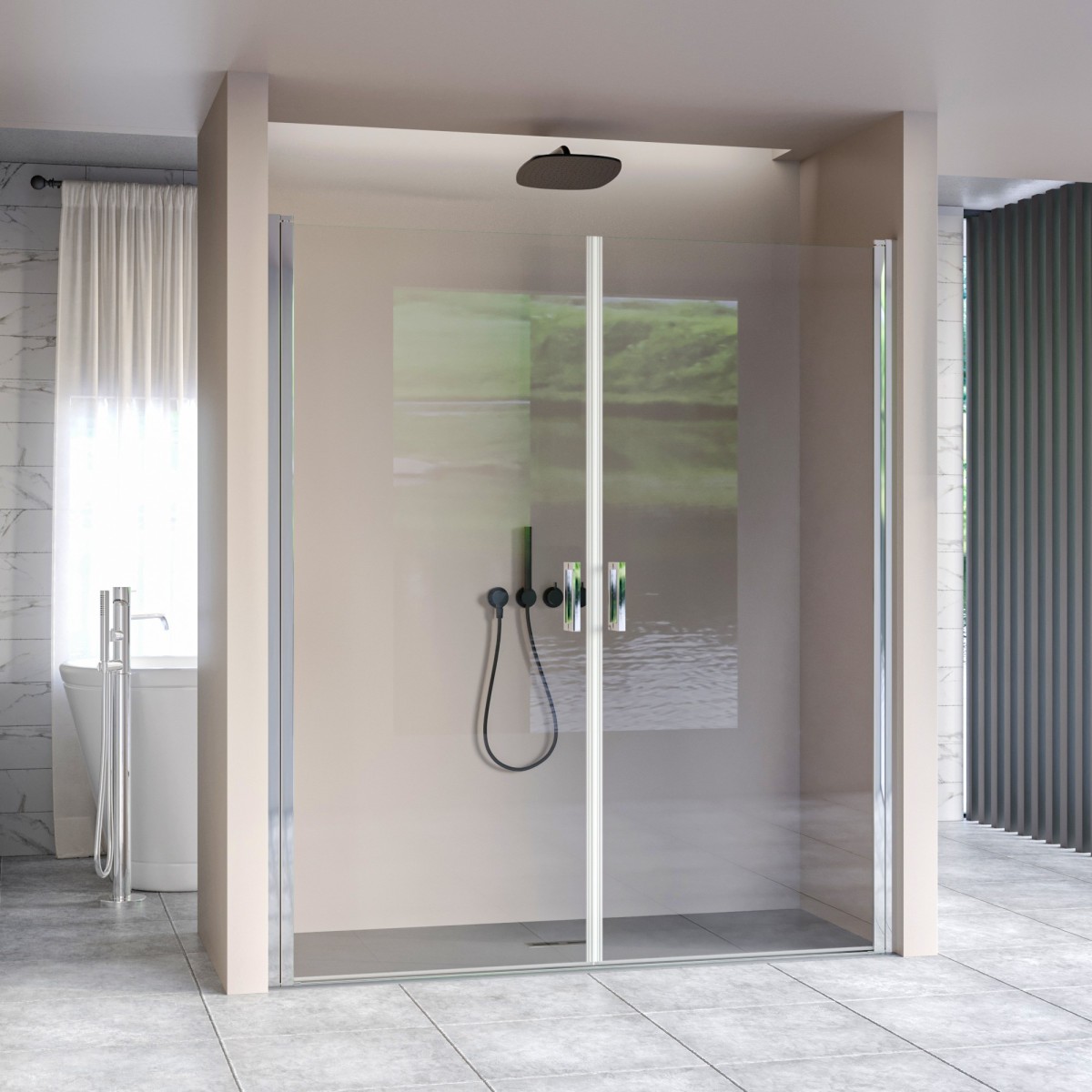 Porte de douche battante avec ouverture saloon, h195 anticalcaire SALEMA