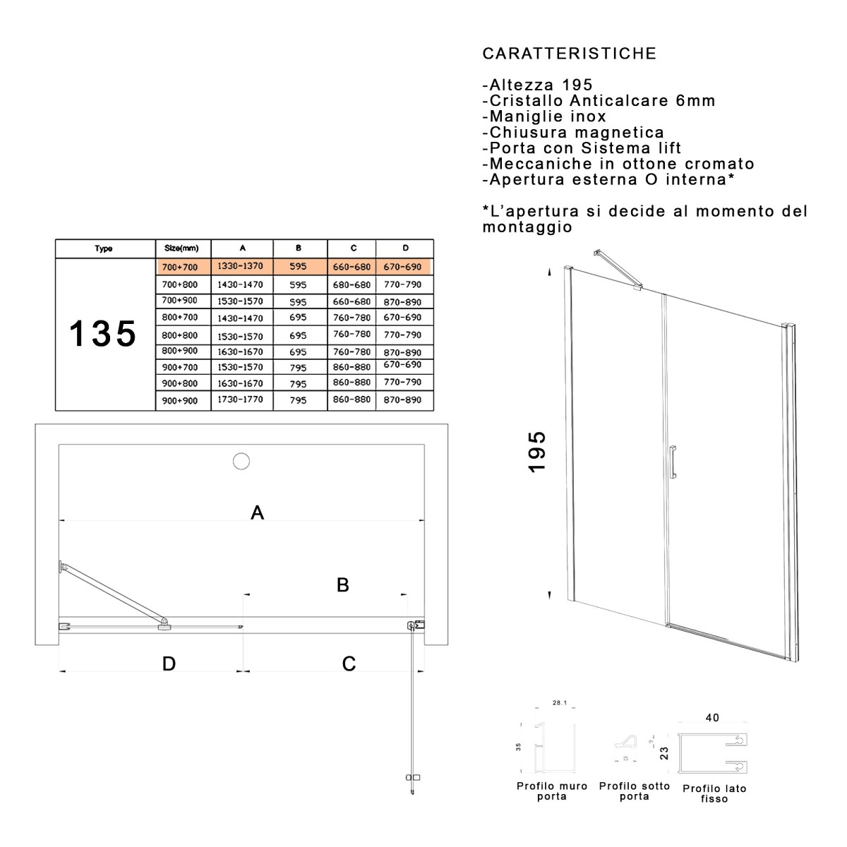 Porta doccia battente 6mm h195 anticalcare SALEMA