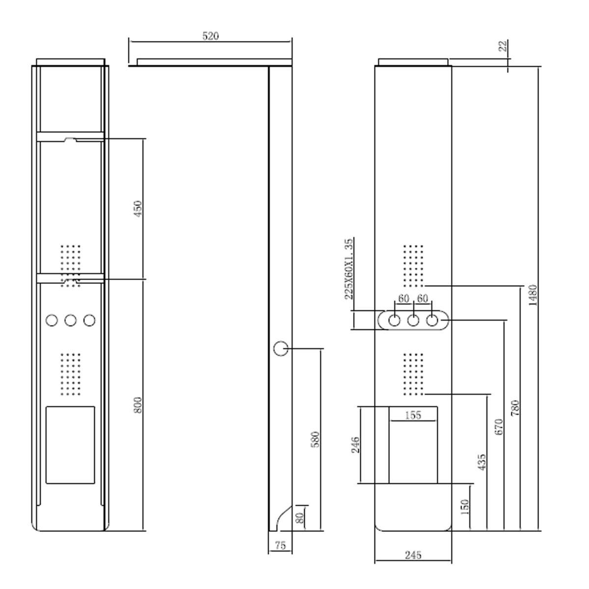 Disegno tecnico del pannello doccia quote per altezza di...
