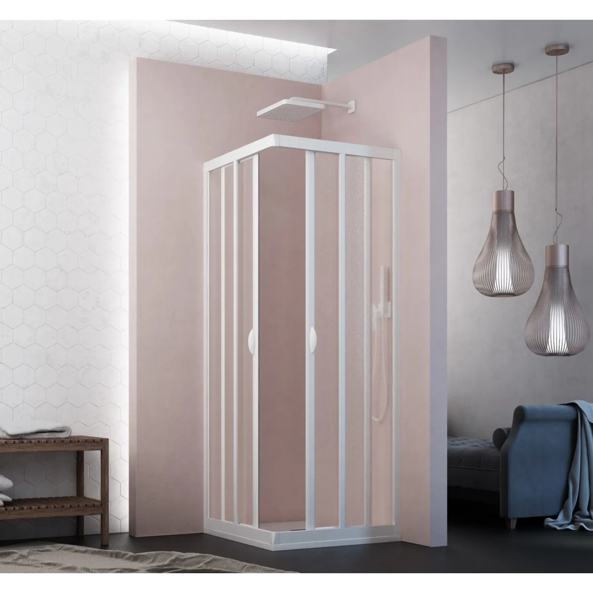 Cabine de douche d'angle avec profilés blancs h190