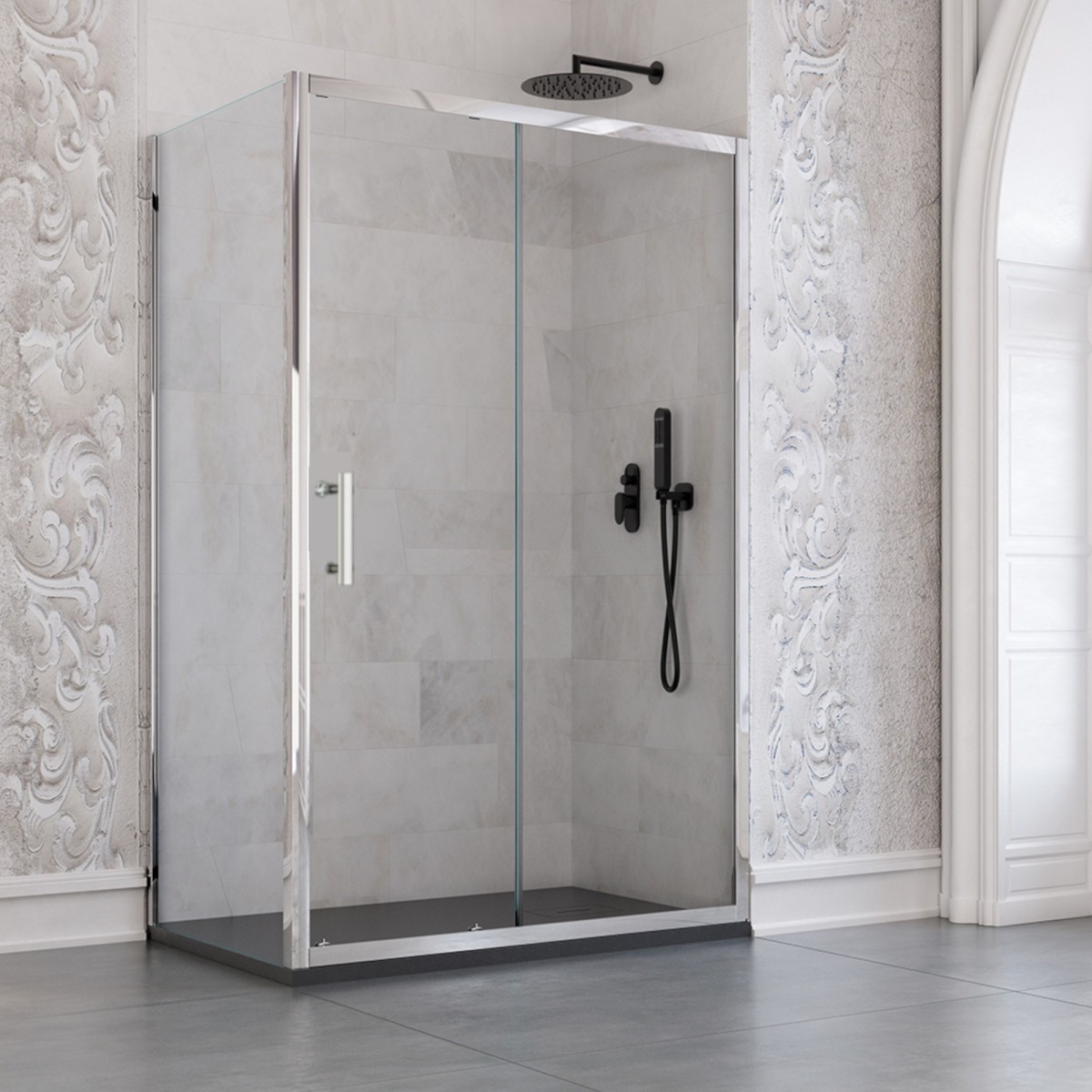 Cabine de douche d'angle transparente avec porte et côté fixe Big