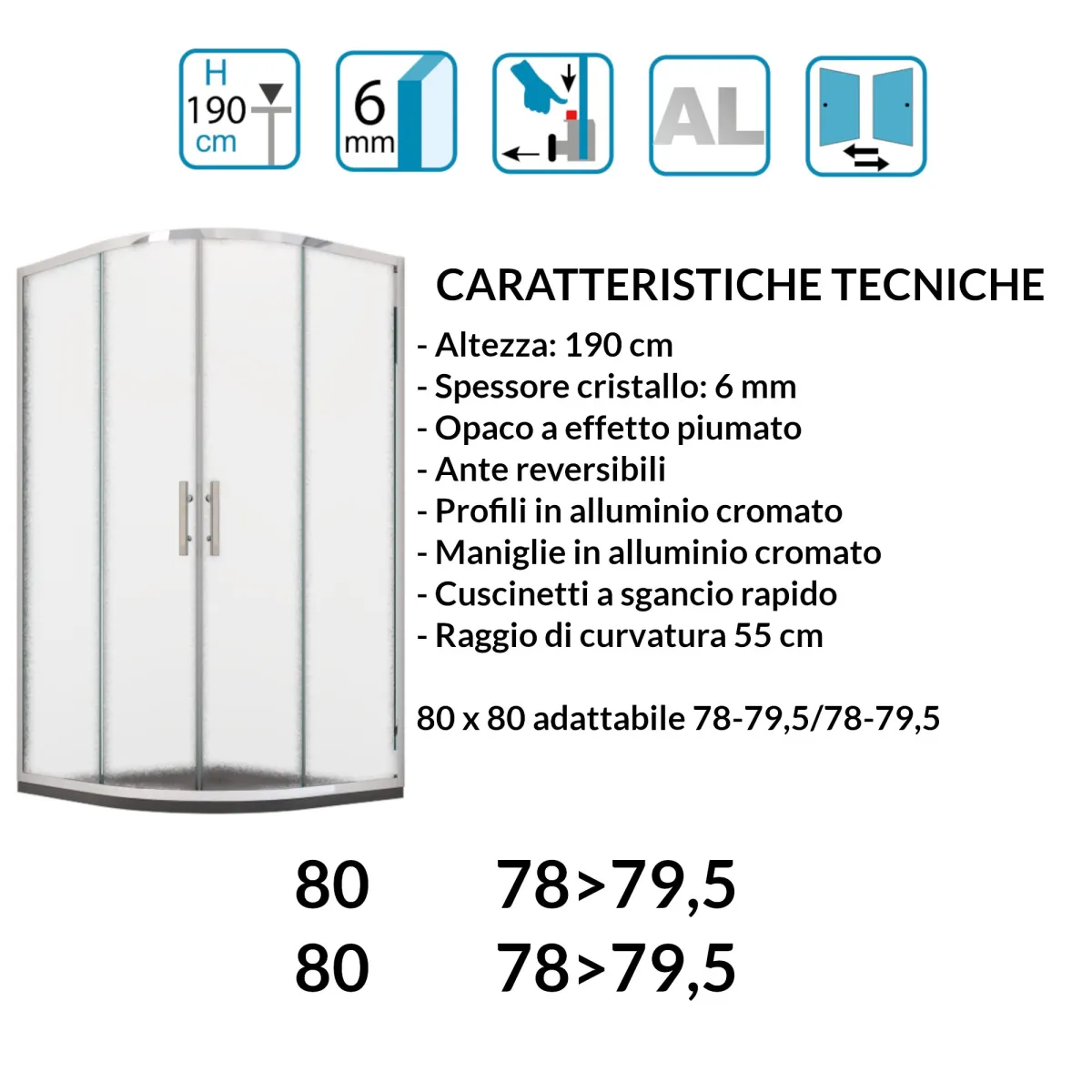 Box doccia semicircolare ad ante scorrevoli opaca h190 6mm
