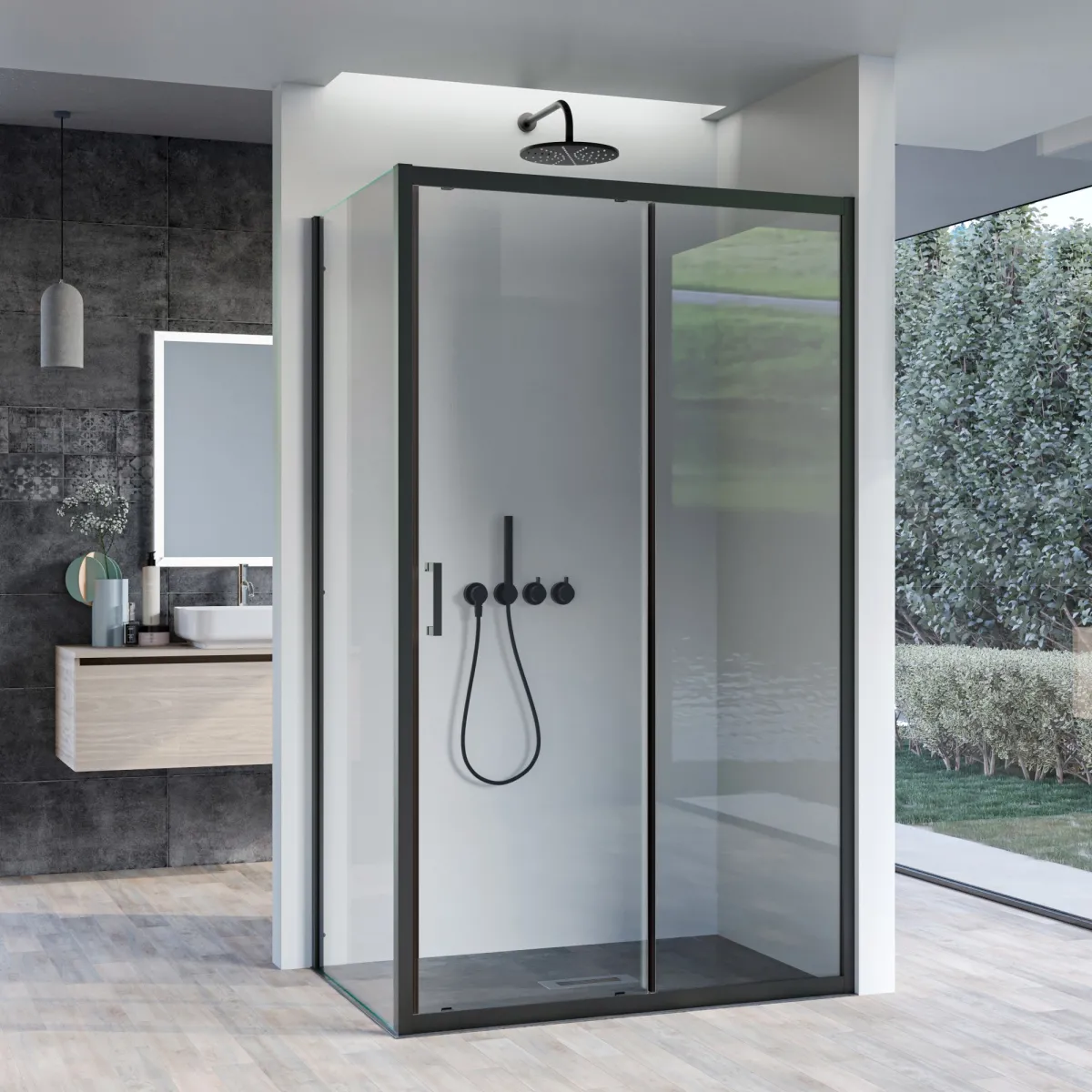 Cabine de douche 2 faces avec porte coulissante transparente H195 AGATA