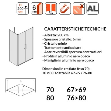 Box doccia porta saloon 70 cm vetro temperato opaco regolabile profili  alluminio - Lost