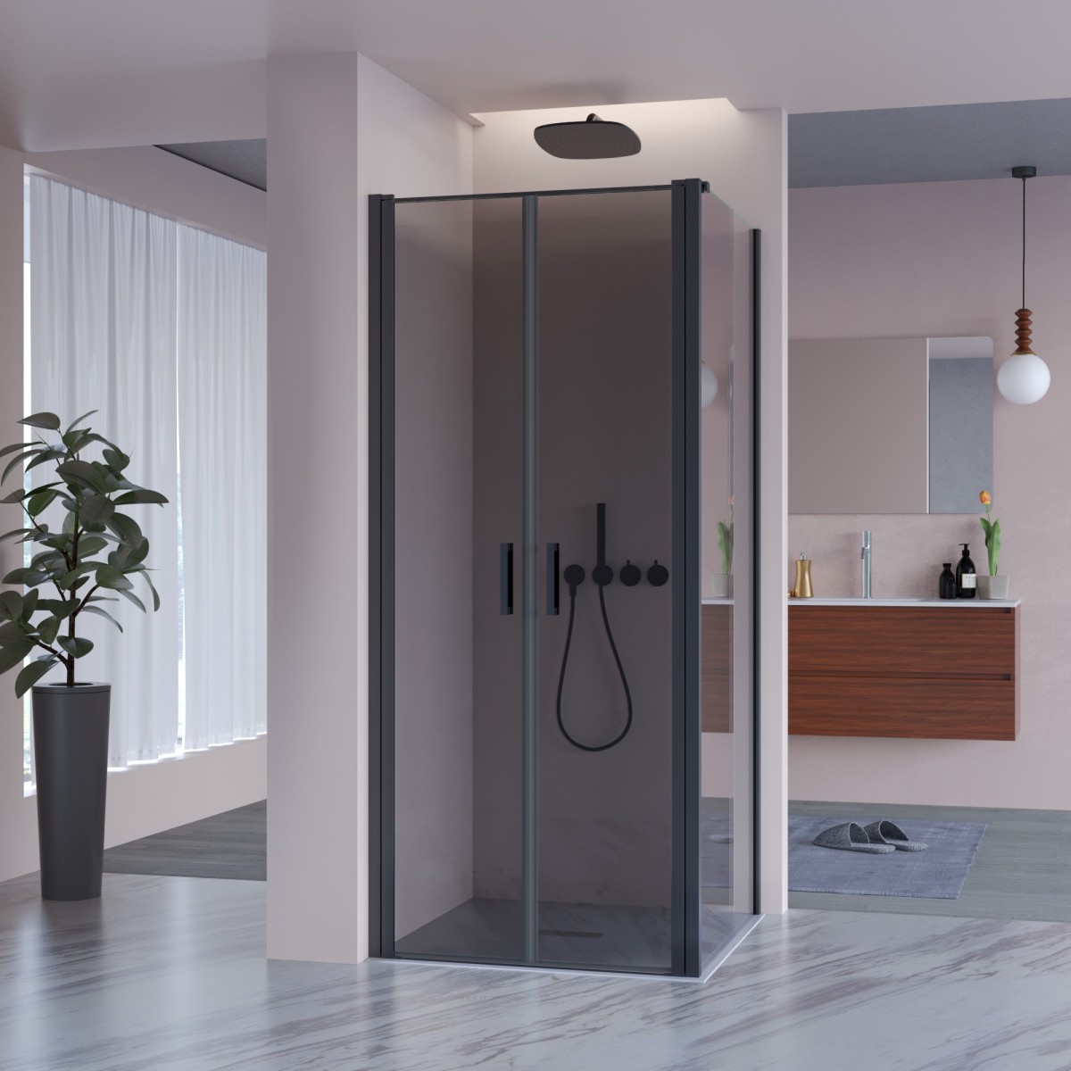 Porte de douche 1 côté fixe en verre gris avec profils Mylas noirs
