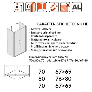 Porte de douche à 2 côtés fixes en verre transparent avec profils Mylas noirs