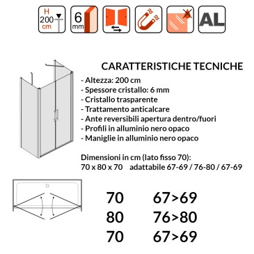 Cabine de douche Mylas noire à trois côtés | Mondialshop