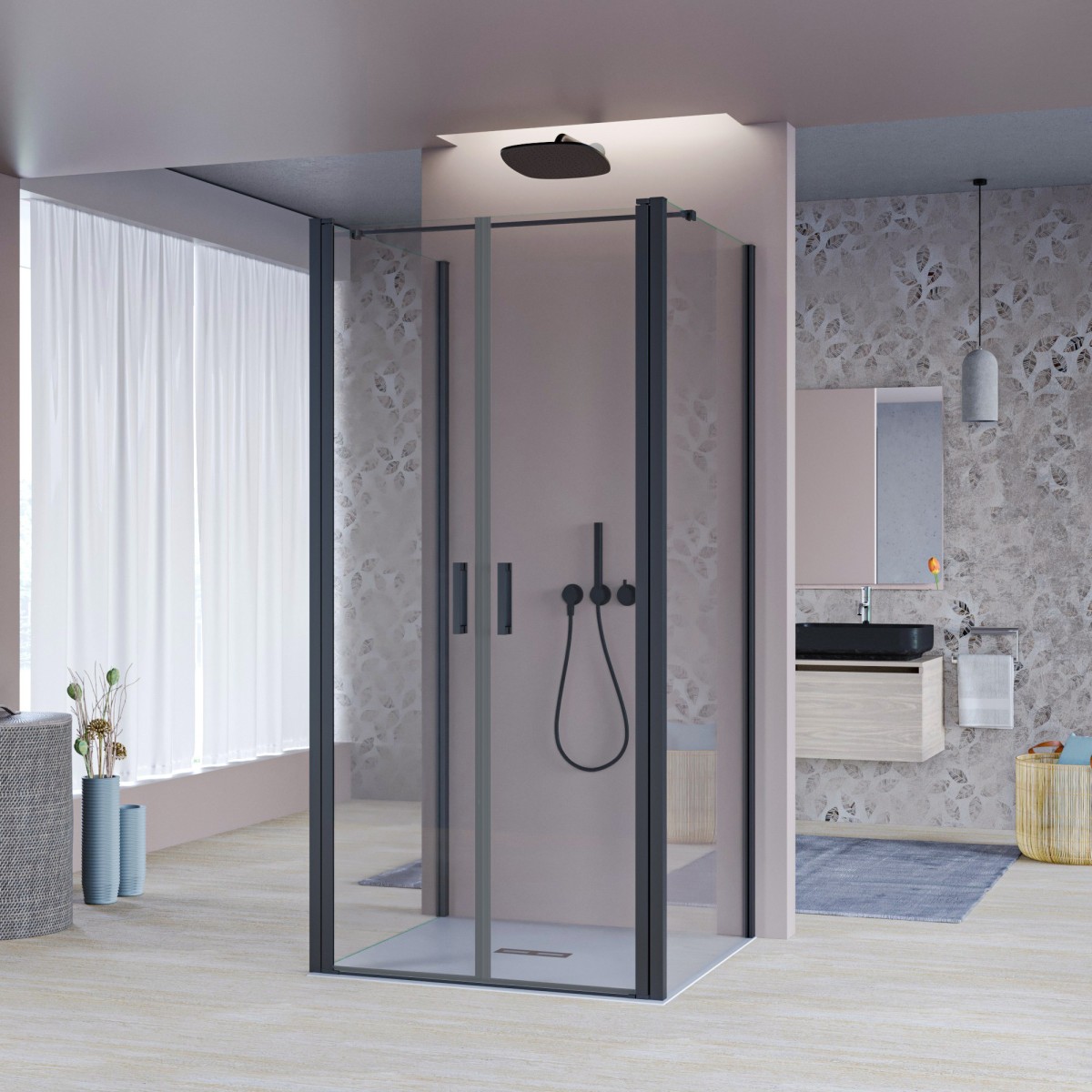 Porte de douche à 2 côtés fixes en verre transparent avec profils Mylas noirs