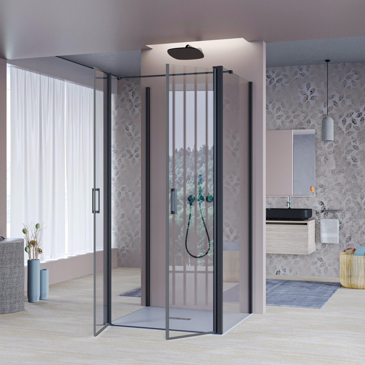 Porte de douche à 2 côtés fixes en verre transparent avec profils Mylas noirs