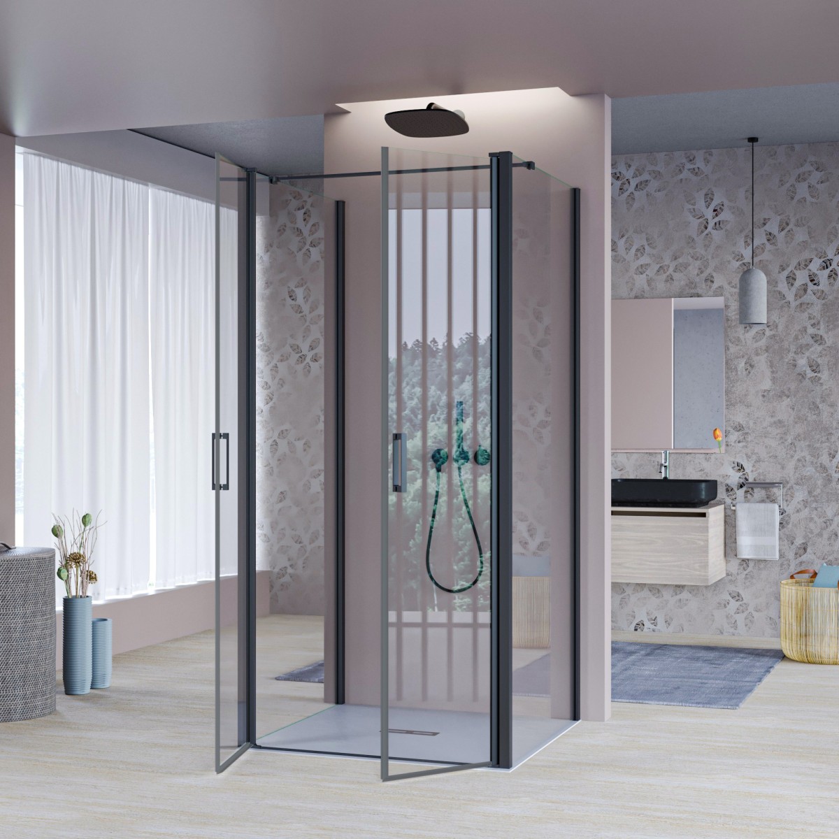 Cabine de douche Mylas noire à trois côtés | Mondialshop