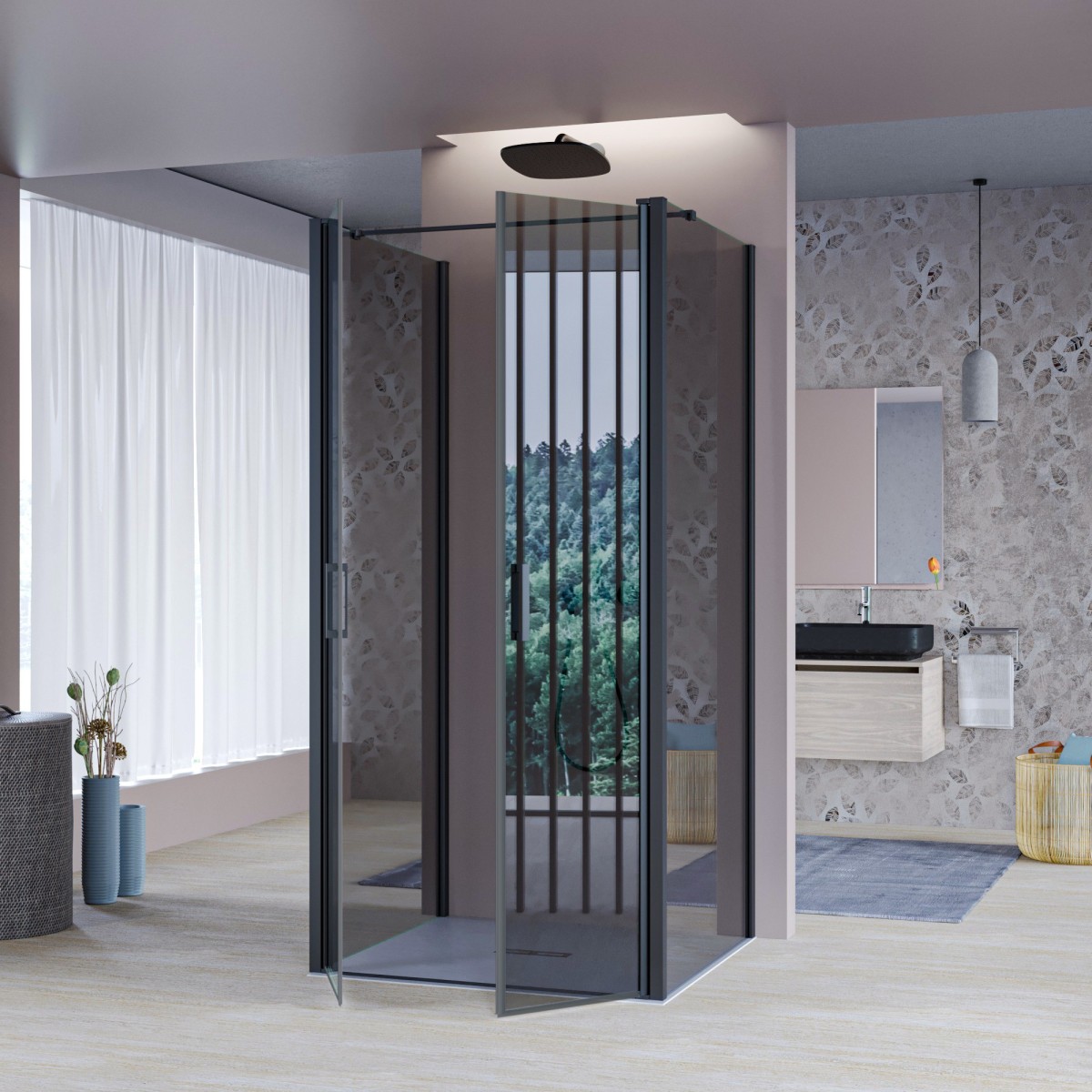 Porte de douche à 2 côtés fixes en verre gris avec profils Mylas noirs