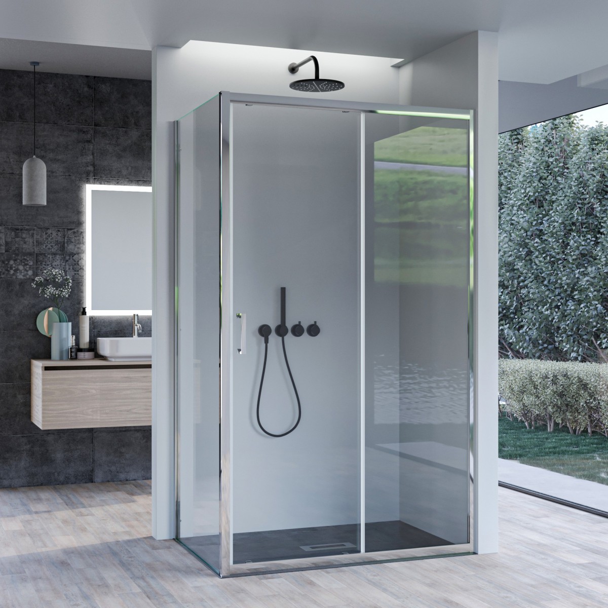 Cabine de douche fixe 2 faces plus porte coulissante H195 AGATA