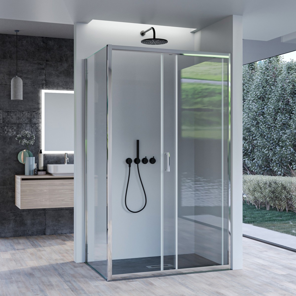 Cabine de douche fixe 2 faces plus porte coulissante H195 AGATA