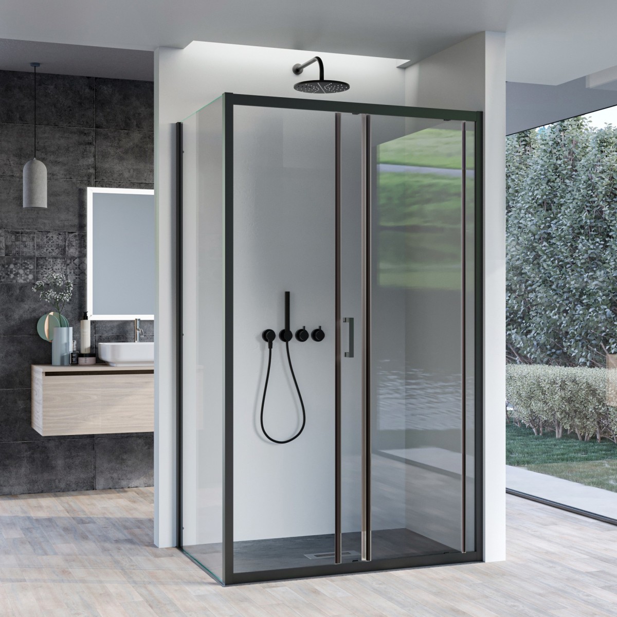 Cabine de douche 2 faces avec porte coulissante transparente H195 AGATA