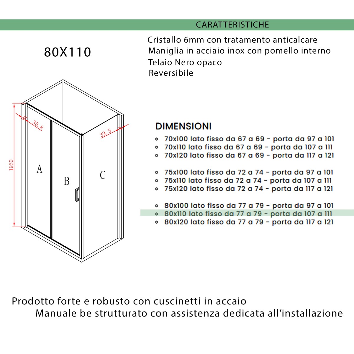 Cabine de douche à 3 côtés avec porte coulissante H195 AGATA