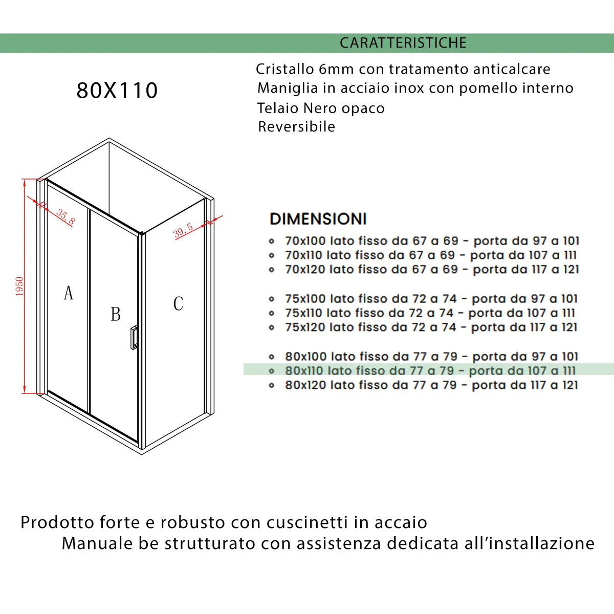 Cabine de douche à 3 côtés avec porte coulissante H195 AGATA