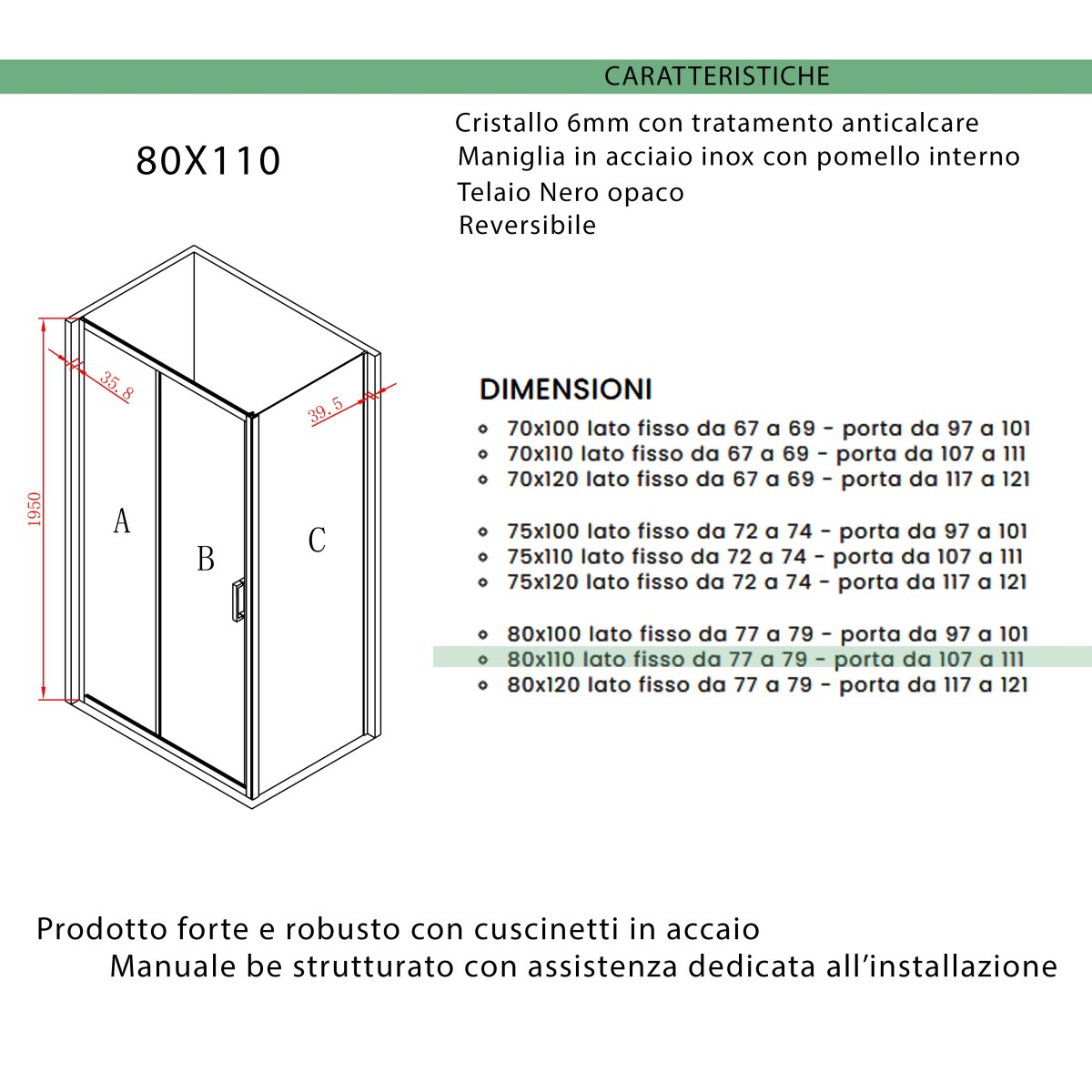 Cabine de douche 3 faces avec porte coulissante H195 AGATA