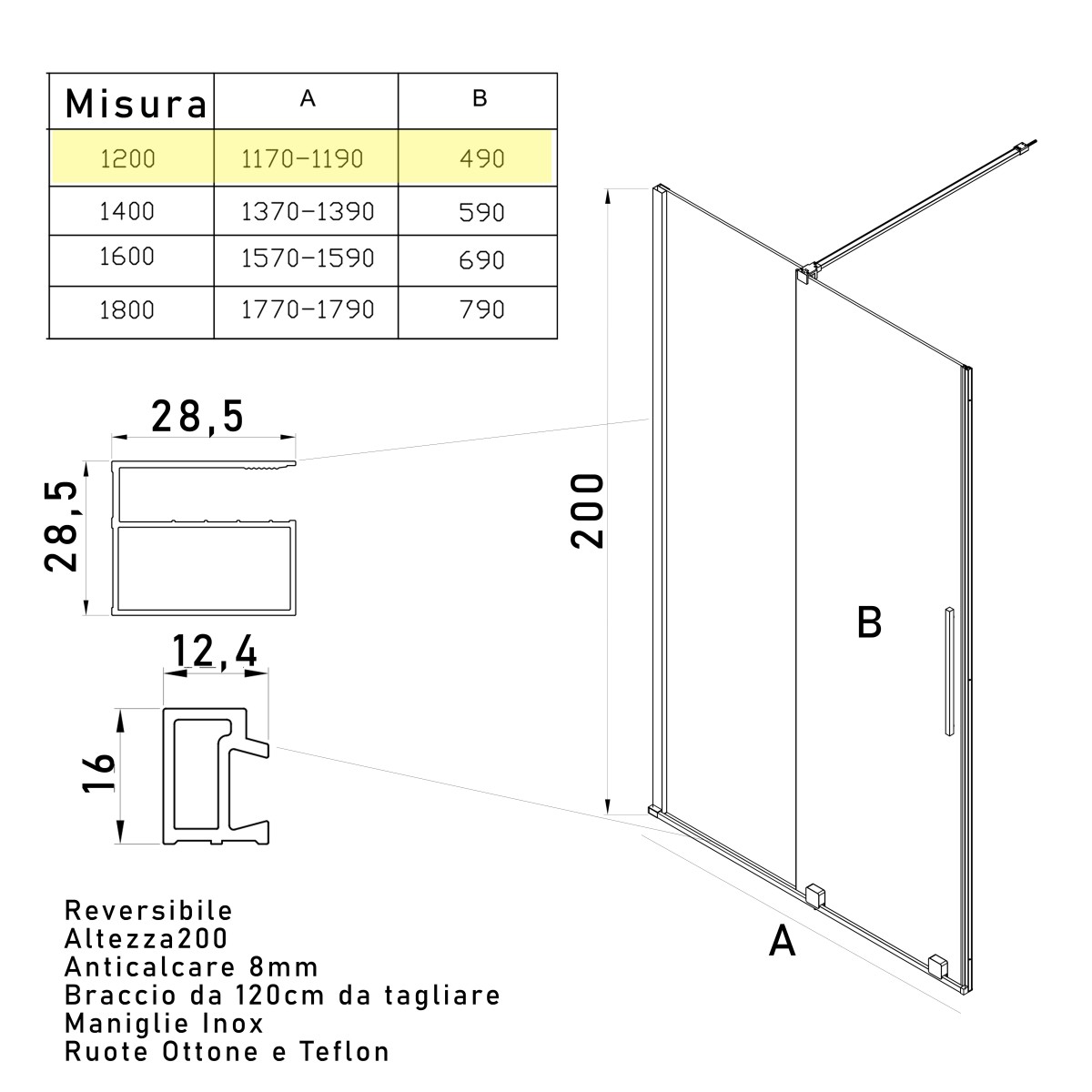 Porta doccia nicchia anta scorrevole H200 BRENTA