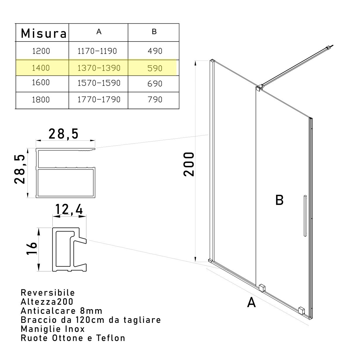 Porta doccia nicchia anta scorrevole H200 BRENTA