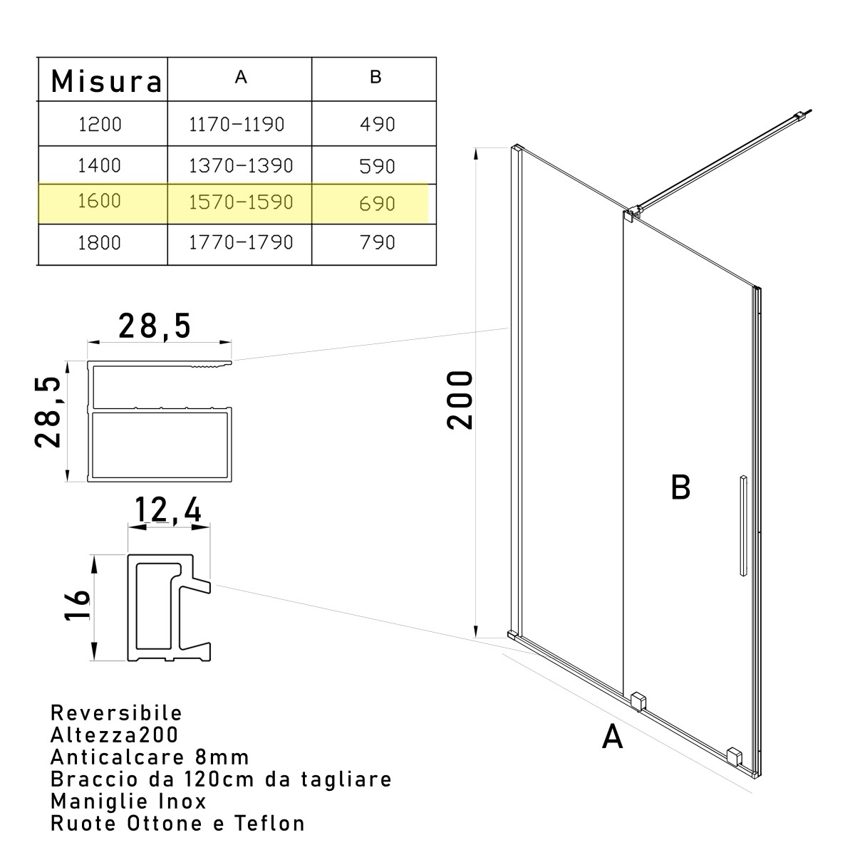 Porta doccia nicchia anta scorrevole H200 BRENTA