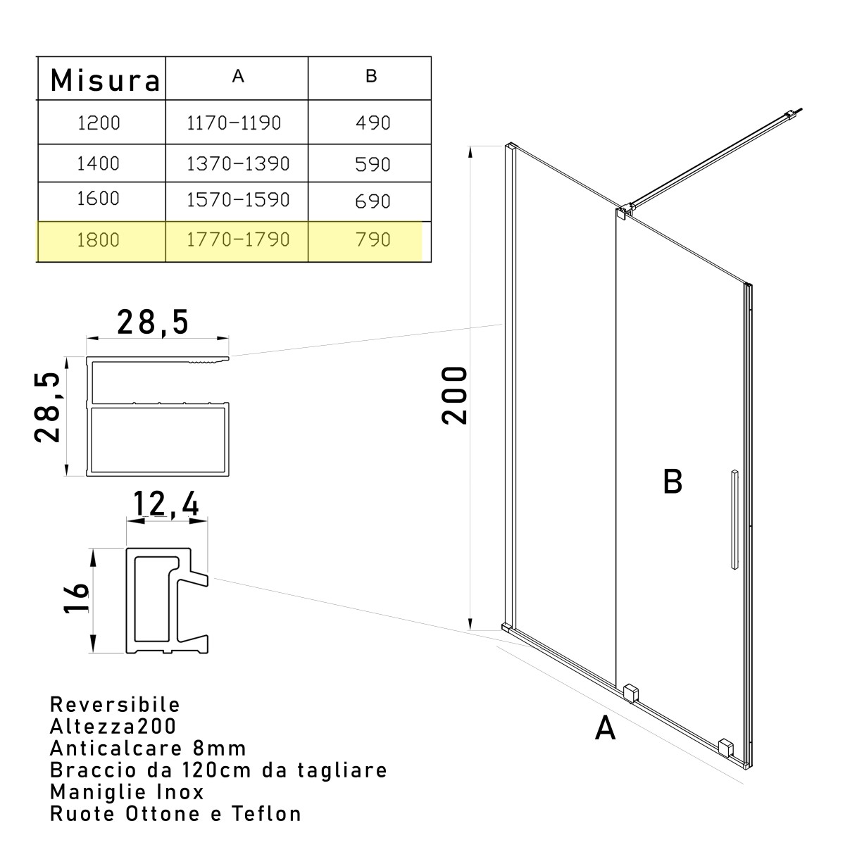 Porta doccia nicchia anta scorrevole H200 BRENTA