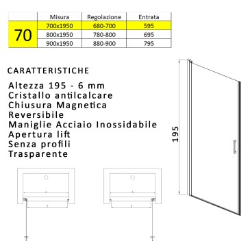 Porte de douche battante pour niche, H195cm, traitement anticalcaire SALEMA