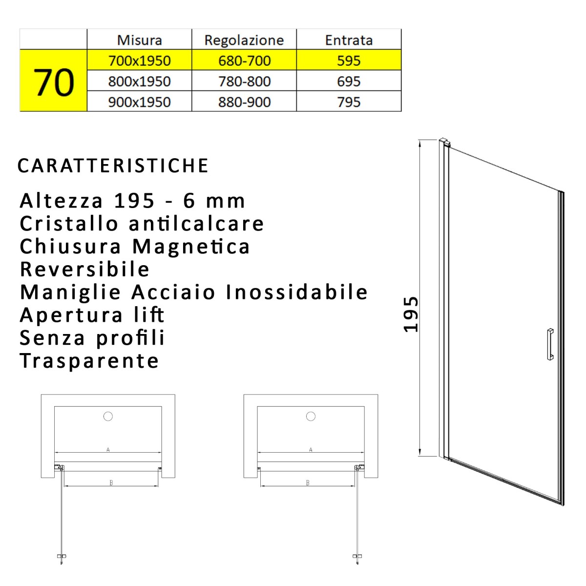 SALEMA Anti-Kalk-Flügeltür-Nischen-Duschtür H195cm