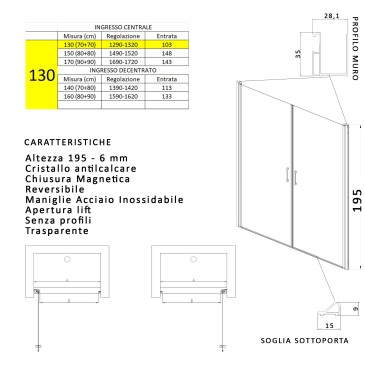 Porte de douche battante avec ouverture saloon, h195 anticalcaire SALEMA