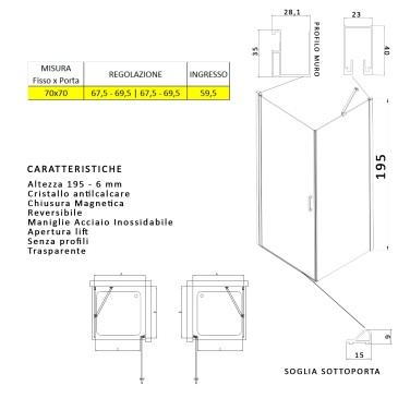 Cabine de douche 2 côtés avec porte battante et côté fixe H195 SALEMA