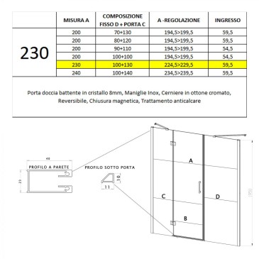 Nicchia - Porta Doccia Grandi dimensioni fino a 230 Cristallo 8mm h195 Magnifica